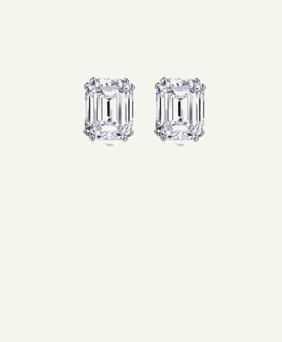 Emerald-cut CZ stud earrings, rhodium-plated sterling silver, timeless minimalist jewelry.