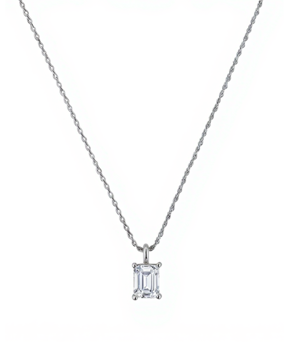 Emerald Cut Solitaire Necklace Silver