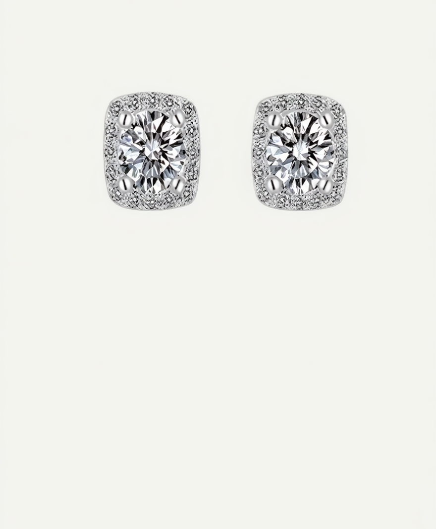 Heiress cushion halo stud earrings featuring brilliant-cut cubic zirconia and pavé setting