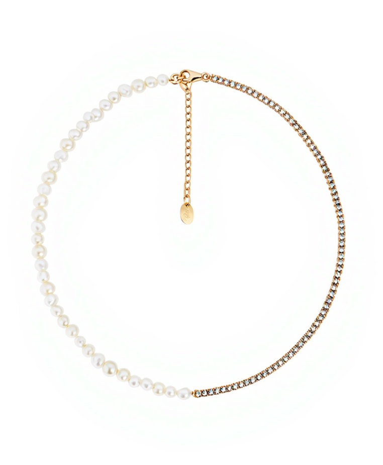 Tennis Chain Gold Tone Baroque Pearl Necklace