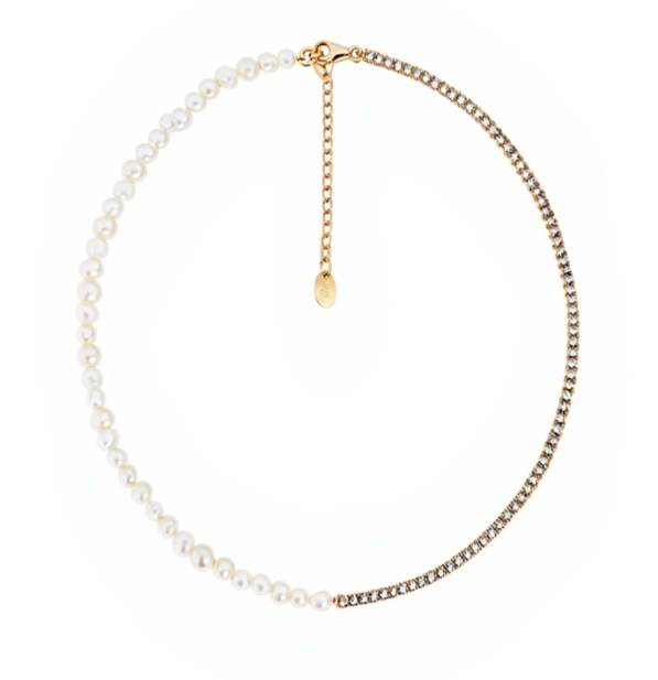 Half and Half Pearl Crystal Stones Necklace Gold